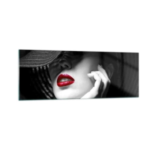 Glasbild - Bild auf glas - Schwarz-Weiß-Porträt einer Frau mit roten Lippen - 140x50cm - Eine Studie in Scharlachrot - Moderne Wanddekoration für Wohnzimmer und Schlafzimmer ARTTOR