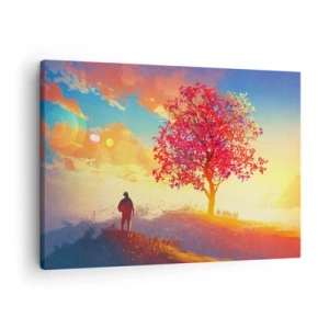 Bild auf Leinwand - Leinwandbild - Eine Figur auf einem Hügel neben einem bunten Baum im Licht der untergehenden Sonne - 70x50cm - Pilger am Ziel - Moderne Wanddekoration für Wohnzimmer und Schlafzimmer ARTTOR