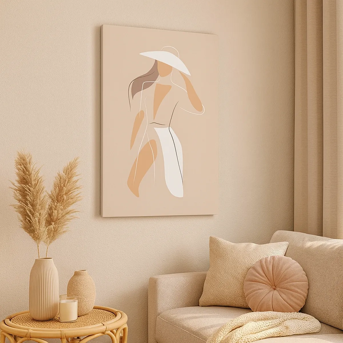 Bild auf Leinwand - Leinwandbild - Eine minimalistische Zeichnung einer Frau mit Hut auf beigem Hintergrund. - 50x70cm - Mode macht Spaß - Moderne Wanddekoration für Wohnzimmer und Schlafzimmer ARTTOR