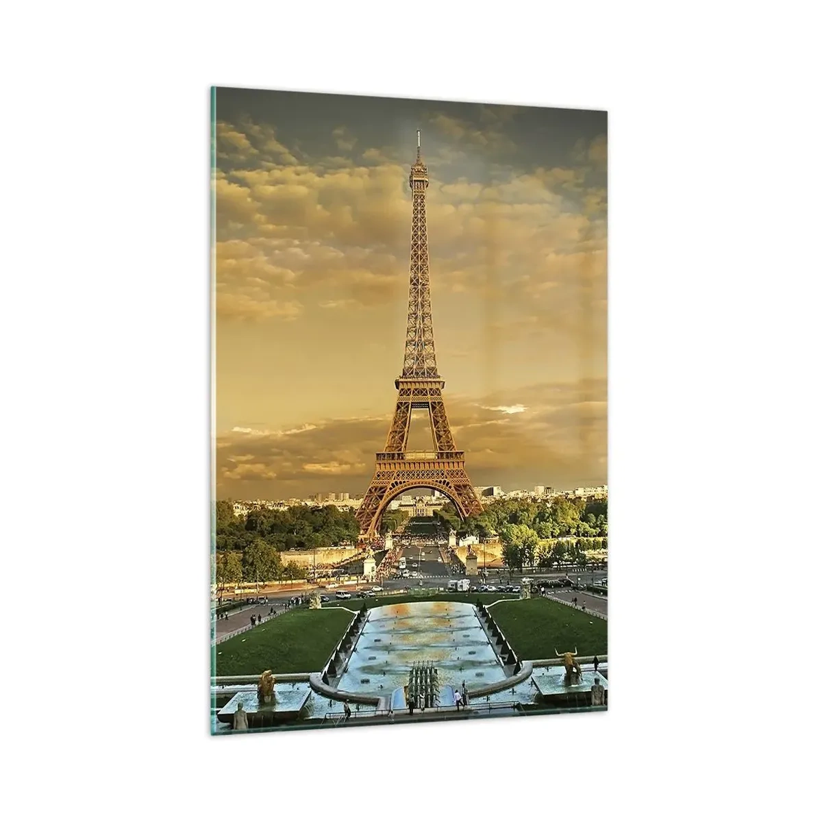 Glasbild - Bild auf glas - Der Eiffelturm in Paris bei Sonnenuntergang - 80x120cm - Königin von Paris - Moderne Wanddekoration für Wohnzimmer und Schlafzimmer ARTTOR