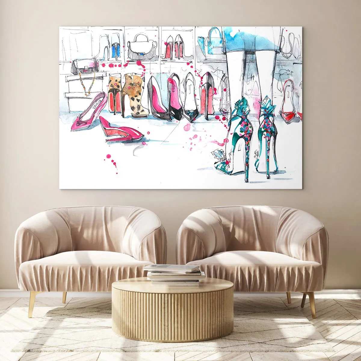 Glasbild - Bild auf glas - Illustration von eleganten High Heels in einem Geschäft - 70x50cm - Sesam, mach auf - Moderne Wanddekoration für Wohnzimmer und Schlafzimmer ARTTOR
