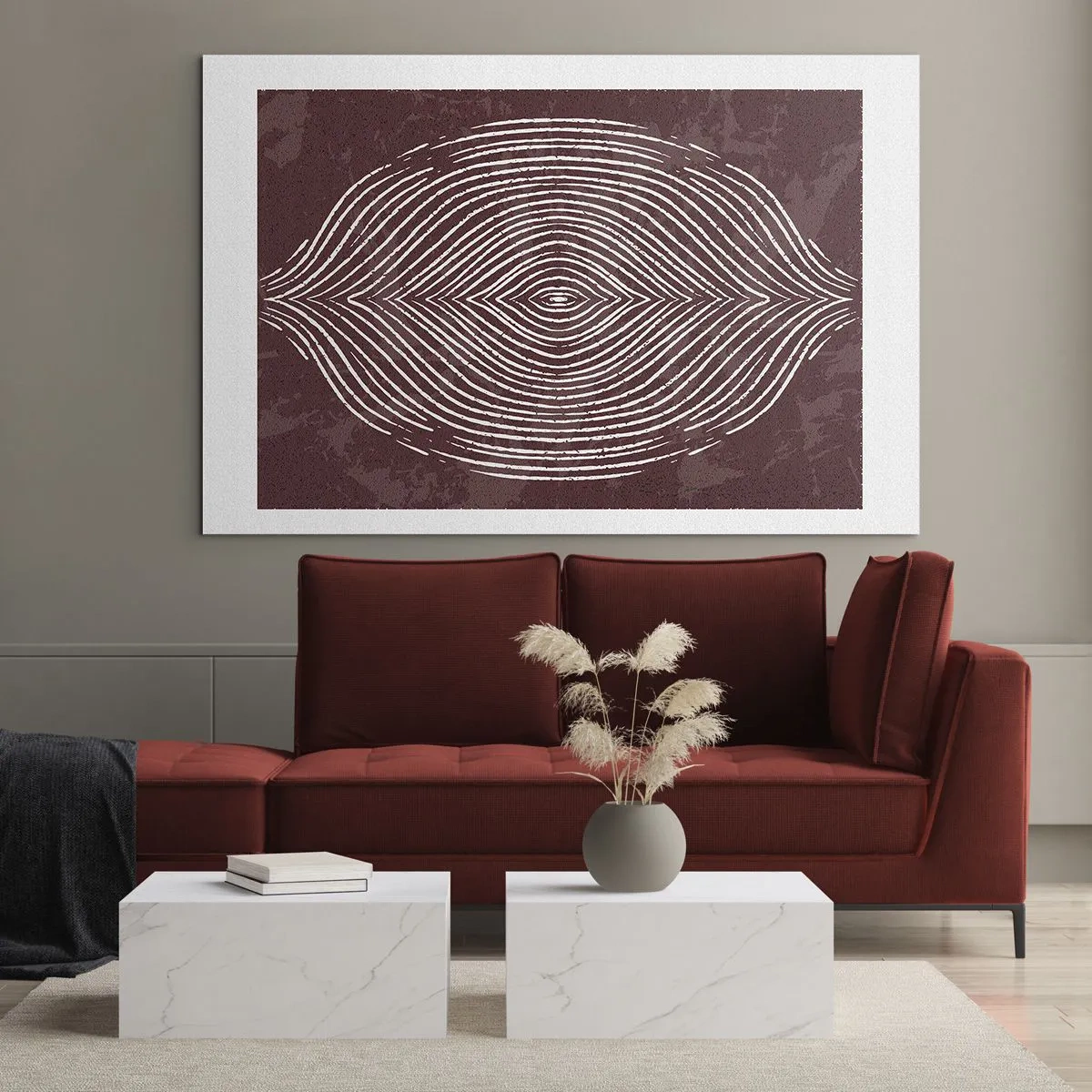 Glasbild - Bild auf glas - Symmetrische Linien in Form eines Auges auf burgunderfarbenem Hintergrund - 100x70cm - Der Raum spricht - Moderne Wanddekoration für Wohnzimmer und Schlafzimmer ARTTOR