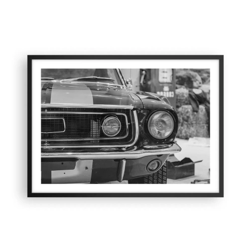Poster in einem schwarzem Rahmen - Schwarz-weiße Motorhaube eines Oldtimers - 70x50cm - Wilder Ritt - Moderne Wanddekoration für Wohnzimmer und Schlafzimmer ARTTOR