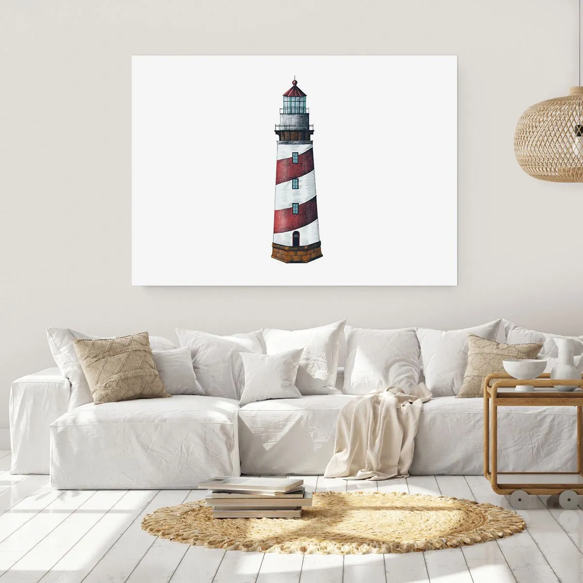 Poster - Ein Cartoonbild eines Leuchtturms mit roten und weißen Streifen auf minimalistischem Hintergrund. - 100x70cm - Immer auf der Hut - Moderne Wanddekoration für Wohnzimmer und Schlafzimmer ARTTOR