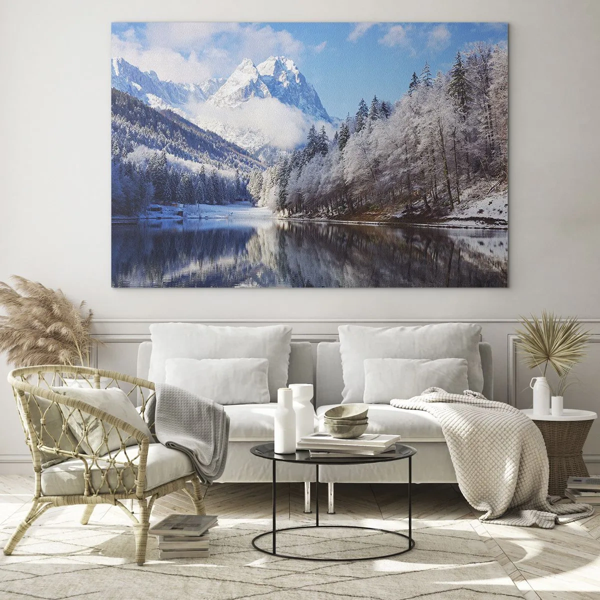 Glasbild - Bild auf glas - Winterlandschaft mit Bergen und einem zugefrorenen See - 100x70cm - Schneefang - Moderne Wanddekoration für Wohnzimmer und Schlafzimmer ARTTOR