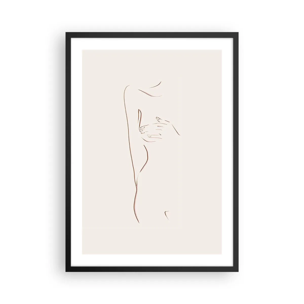 Poster in einem schwarzem Rahmen - Eine minimalistische Strichzeichnung einer weiblichen Silhouette auf hellem Hintergrund. - 50x70cm - Die Form des Verlangens - Moderne Wanddekoration für Wohnzimmer und Schlafzimmer ARTTOR