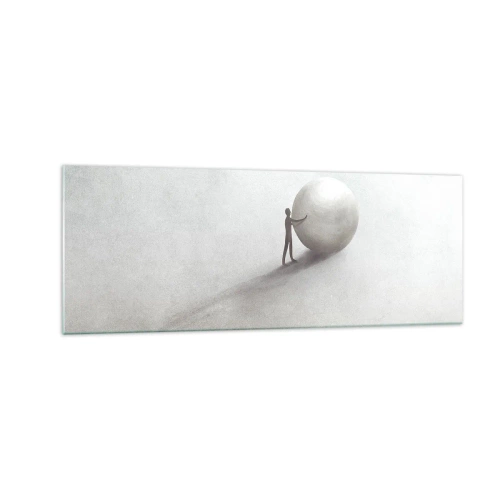 Glasbild - Bild auf glas - Eine minimalistische Figur mit einem Ball auf einem hellen, monochromen Hintergrund. - 140x50cm - Das Spiel des Lebens - Moderne Wanddekoration für Wohnzimmer und Schlafzimmer ARTTOR