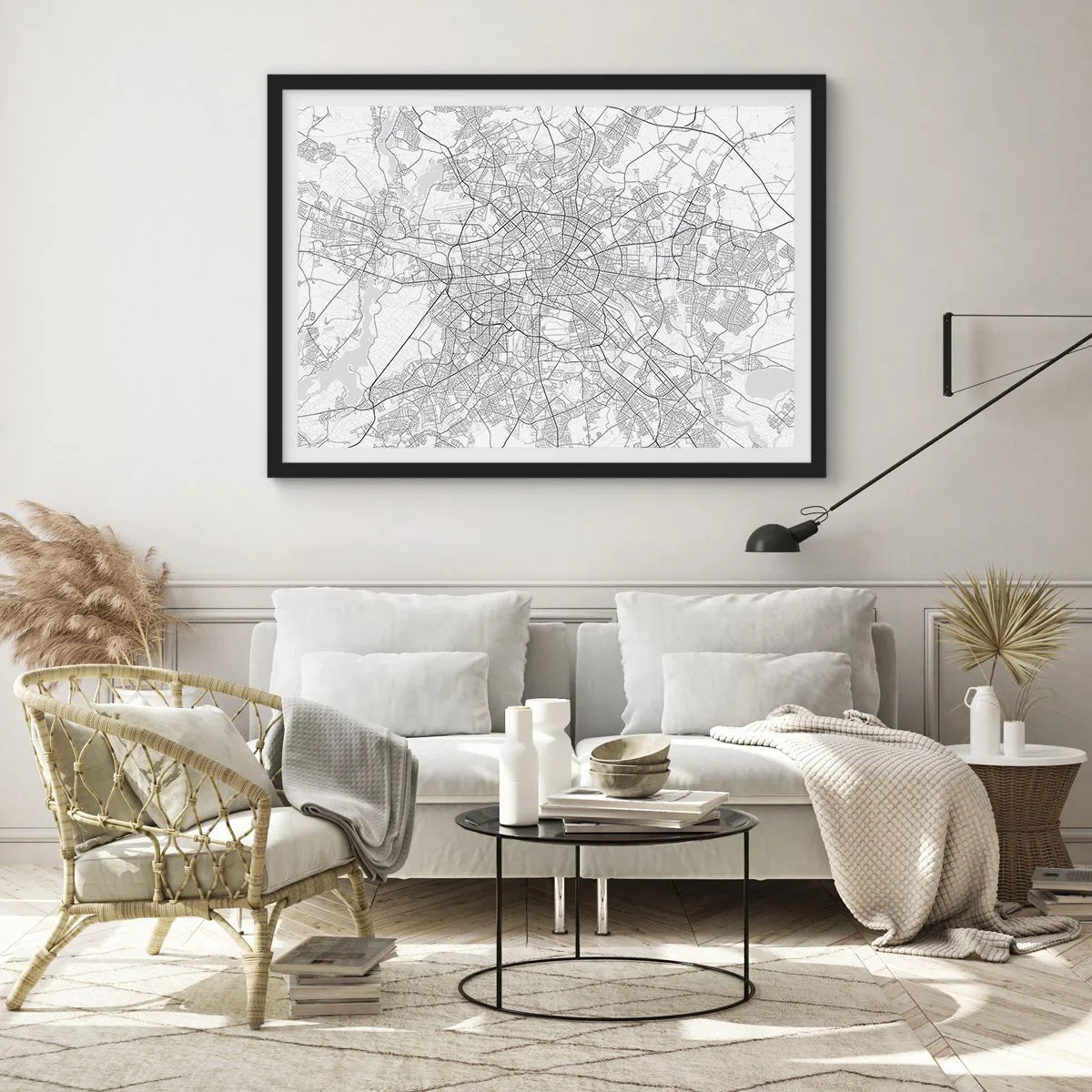 Poster in einem schwarzem Rahmen - Detaillierter schwarz-weißer Stadtplan - 70x50cm - Berliner Blume - Moderne Wanddekoration für Wohnzimmer und Schlafzimmer ARTTOR