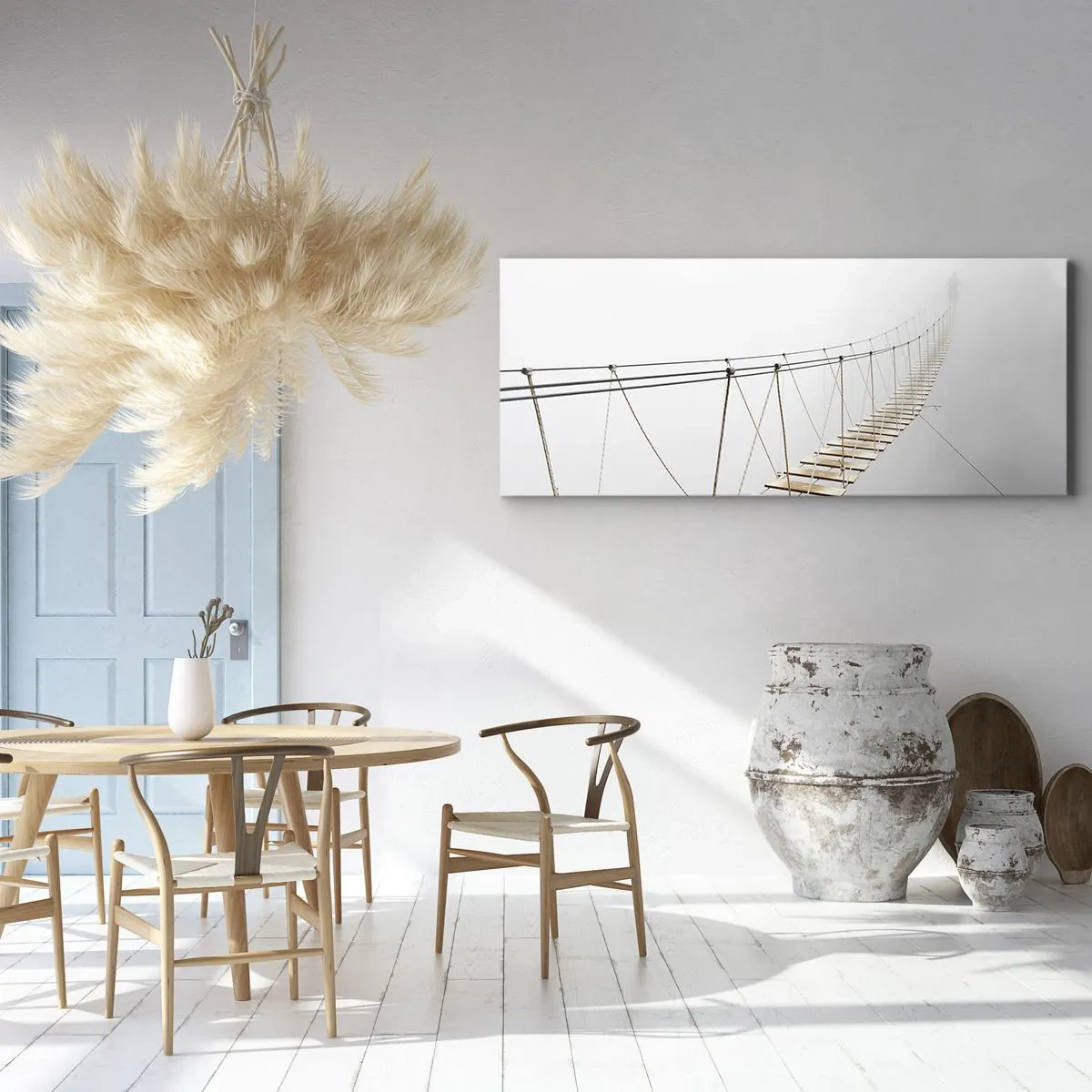 Bild auf Leinwand - Leinwandbild - Eine Hängebrücke im Nebel aus minimalistischer Perspektive - 160x50cm - Wohin wird es dich führen? - Moderne Wanddekoration für Wohnzimmer und Schlafzimmer ARTTOR
