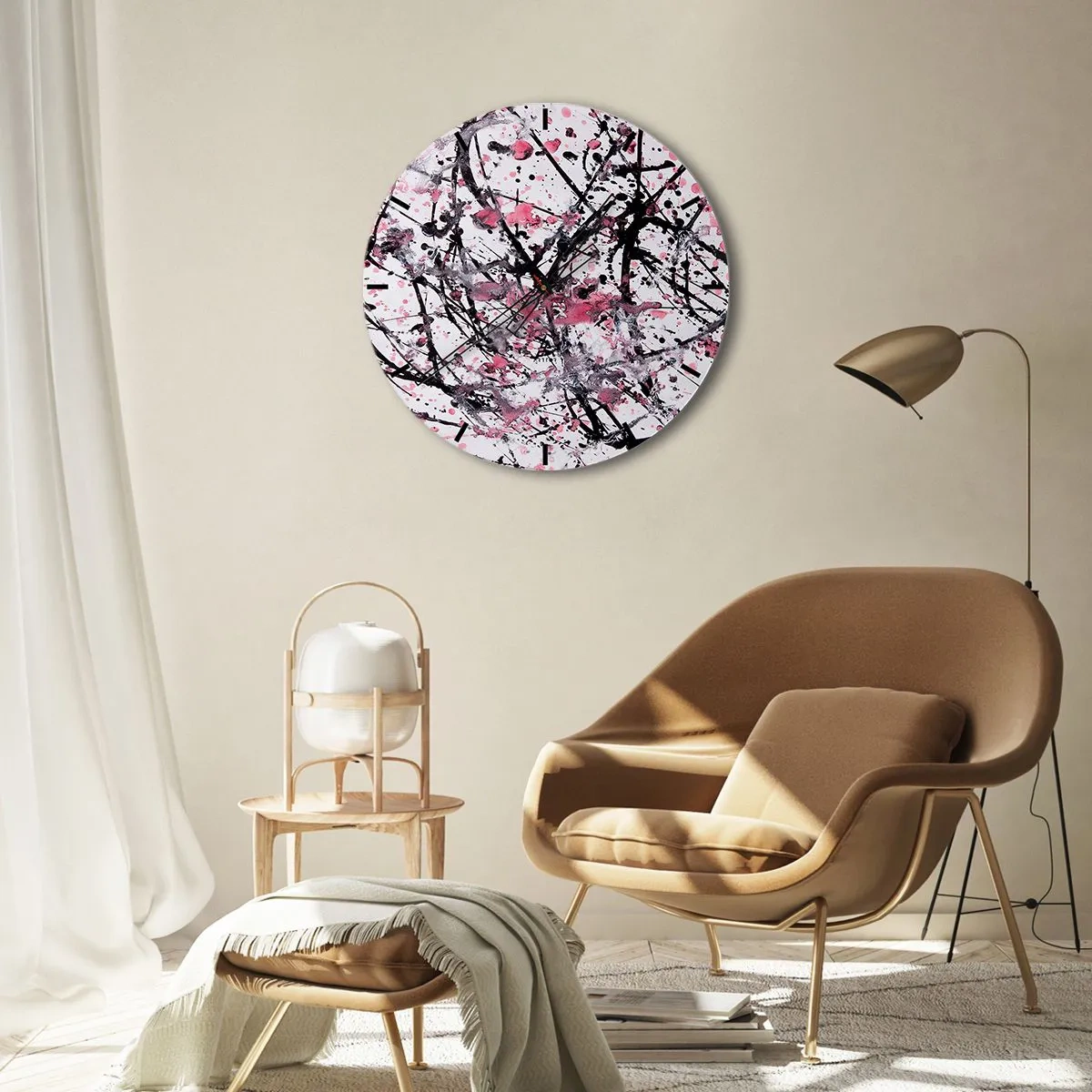 Wanduhr - Glasuhr - Abstrakte Spritzer in Schwarz, Weiß und Rosa auf weißem Hintergrund - 30x30cm - Die Flüchtigkeit des Lebens - Moderne Wanddekoration für Wohnzimmer, Küche und Schlafzimmer ARTTOR