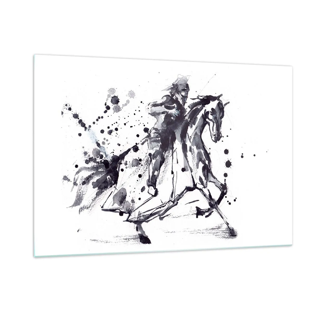Glasbild - Bild auf glas - Schwarz-Weiß-Gemälde eines Reiters auf einem Pferd im abstrakten Stil - 120x80cm - Schwarzer Ritter - Moderne Wanddekoration für Wohnzimmer und Schlafzimmer ARTTOR