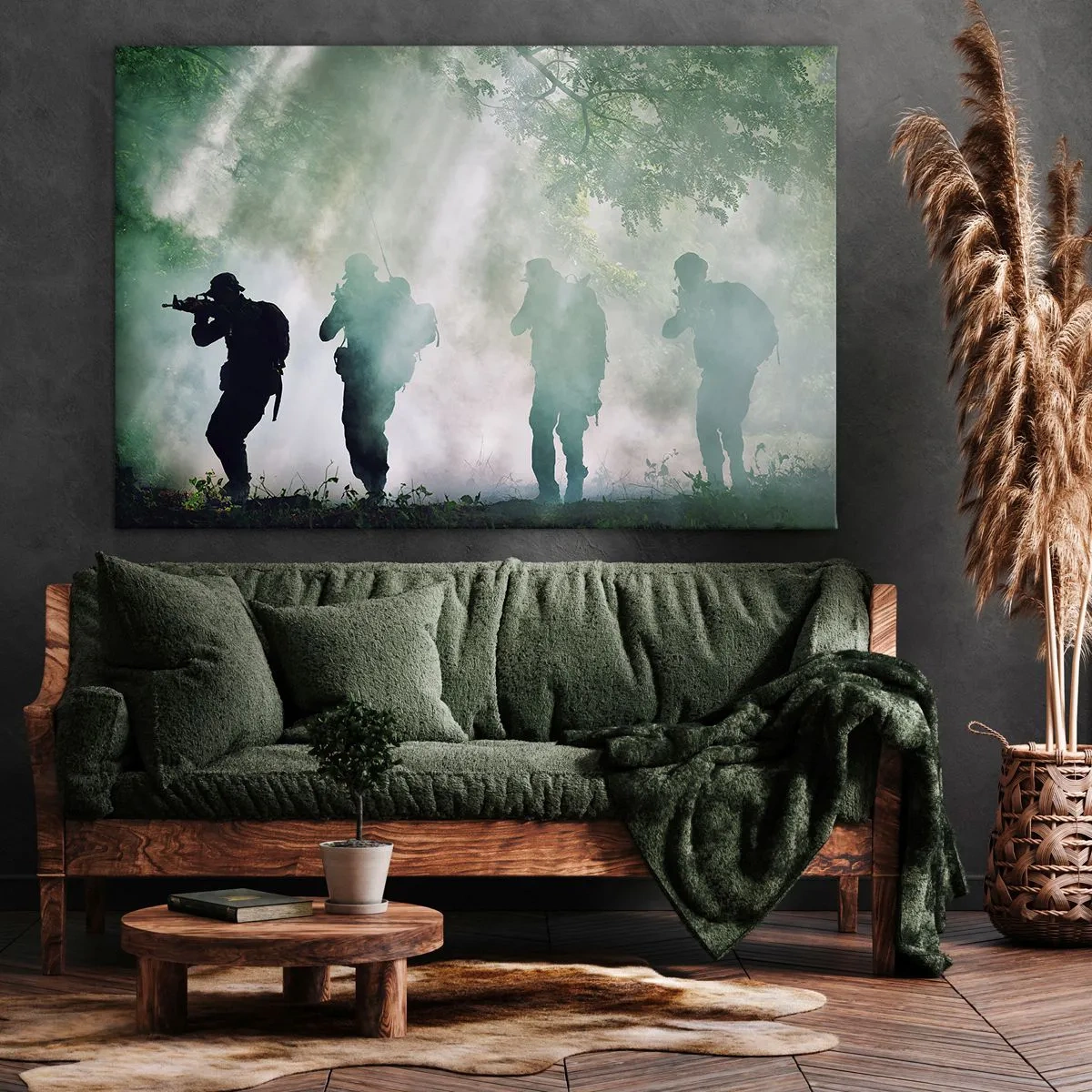 Bild auf Leinwand - Leinwandbild - Silhouetten von Soldaten in einem Wald, umgeben von Nebel - 100x70cm - Einer für alle… - Moderne Wanddekoration für Wohnzimmer und Schlafzimmer ARTTOR