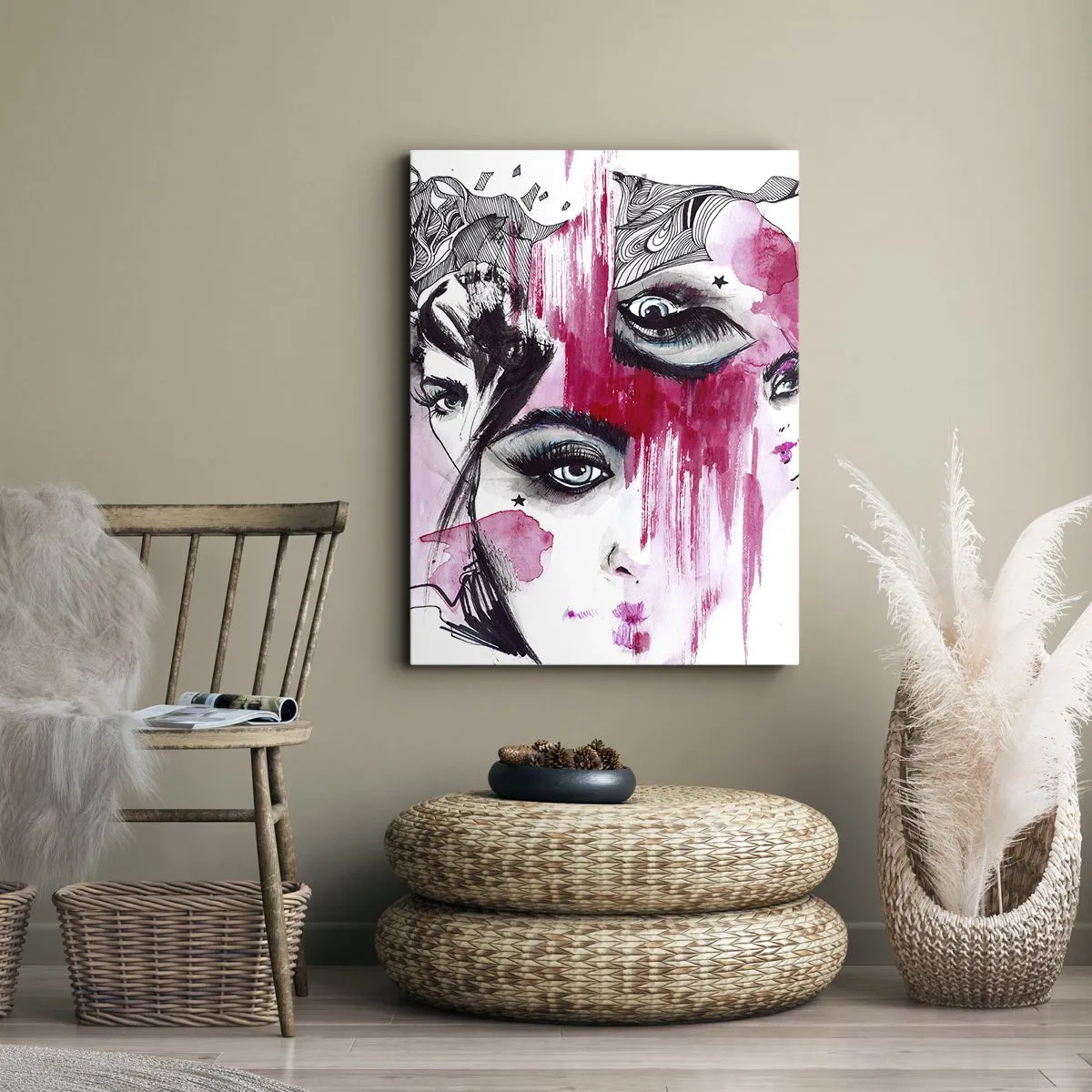 Bild auf Leinwand - Leinwandbild - Abstraktes Gesicht in Rosa- und Schwarztönen - 50x70cm - Abstrakte Augen - Moderne Wanddekoration für Wohnzimmer und Schlafzimmer ARTTOR