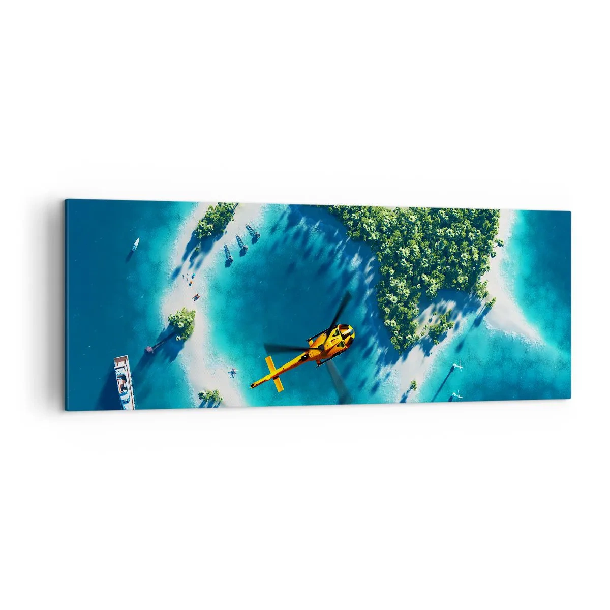 Bild auf Leinwand - Leinwandbild - Eine tropische Insel, umgeben von türkisfarbenem Wasser, mit einem Hubschrauber in Sicht - 140x50cm - Kauf dir eine Insel - Moderne Wanddekoration für Wohnzimmer und Schlafzimmer ARTTOR