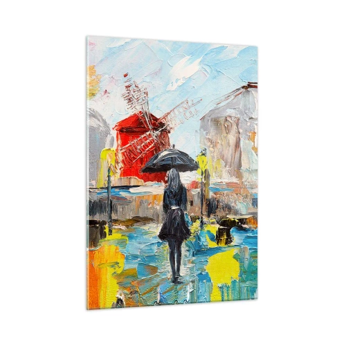 Glasbild - Bild auf glas - Eine Frau mit Regenschirm vor einer Stadtkulisse im Stil des Impressionismus - 50x70cm - Pariser Legenden - Moderne Wanddekoration für Wohnzimmer und Schlafzimmer ARTTOR