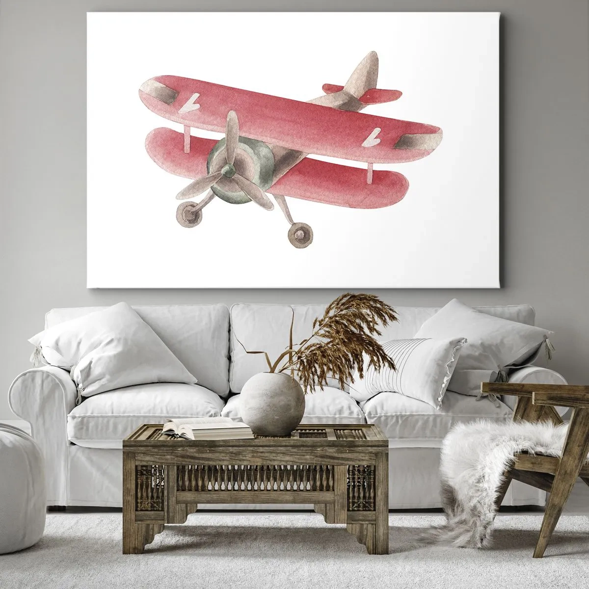 Bild auf Leinwand - Leinwandbild - Rotes Retro-Flugzeug auf weißem Hintergrund - 70x50cm - Bereit für Höhenflüge - Moderne Wanddekoration für Wohnzimmer und Schlafzimmer ARTTOR
