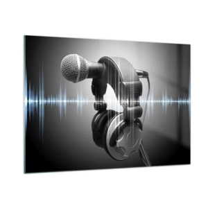 Glasbild - Bild auf glas - Mikrofon mit Kopfhörern vor einem Hintergrund aus Schallwellen - 100x70cm - Du kannst immer noch den Gesang hören - Moderne Wanddekoration für Wohnzimmer und Schlafzimmer ARTTOR