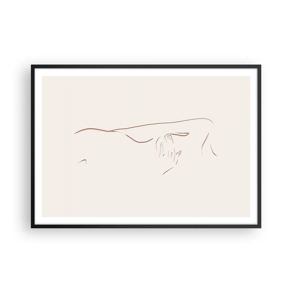 Poster in einem schwarzem Rahmen - Eine subtile Strichzeichnung einer Silhouette vor einem hellen Hintergrund - 100x70cm - Die Form des Verlangens - Moderne Wanddekoration für Wohnzimmer und Schlafzimmer ARTTOR