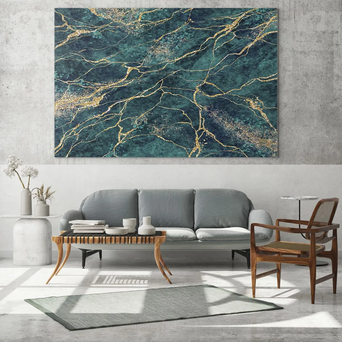 Glasbild - Bild auf glas - Strukturiertes Marmormuster in Türkis- und Goldtönen - 120x50cm - Goldmine - Moderne Wanddekoration für Wohnzimmer und Schlafzimmer ARTTOR
