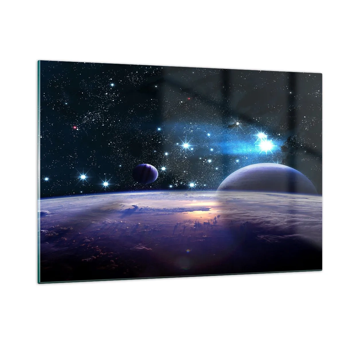 Glasbild - Bild auf glas - Eine Weltraumlandschaft mit Planeten und Sternen vor dem Hintergrund einer Galaxie. - 120x80cm - Noch allein? - Moderne Wanddekoration für Wohnzimmer und Schlafzimmer ARTTOR