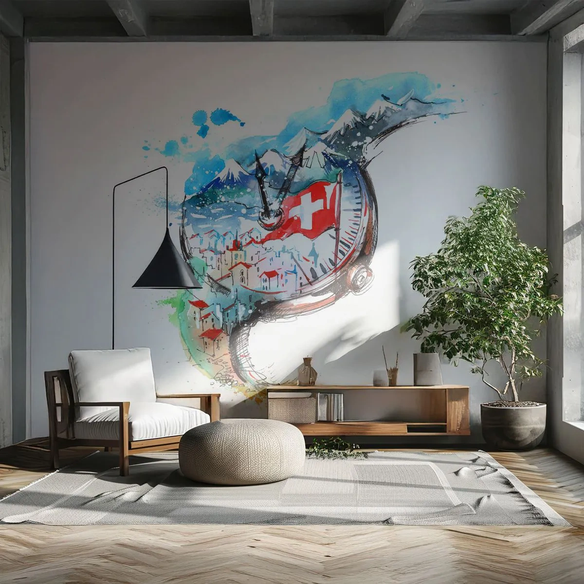 Fototapete Premium Canvas - Der Geist der Schweiz - Abstraktion, Schweizer Uhr, Alpen - 500x350 cm