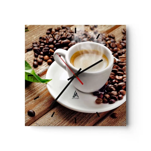 Wanduhr - Glasuhr - Eine Tasse aromatischen Kaffee vor dem Hintergrund von Bohnen und einem Blatt - 30x30cm - Kaffee auf der Bank - Moderne Wanddekoration für Wohnzimmer und Schlafzimmer ARTTOR