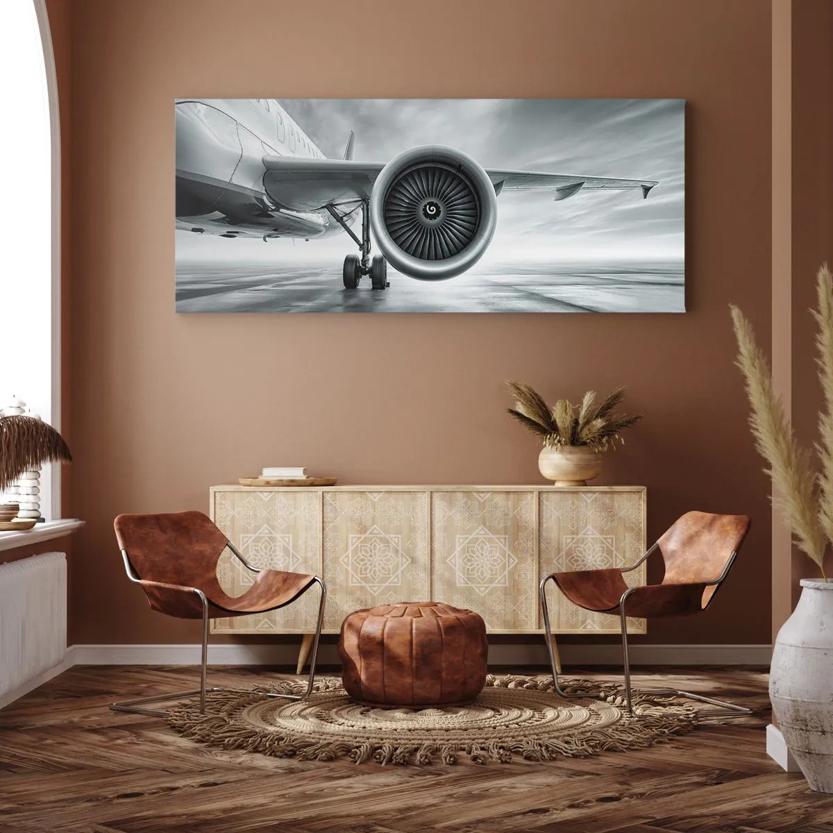 Bild auf Leinwand - Leinwandbild - Das Düsentriebwerk eines Flugzeugs auf dem Rollfeld - 160x50cm - Die Macht ist da! - Moderne Wanddekoration für Wohnzimmer und Schlafzimmer ARTTOR