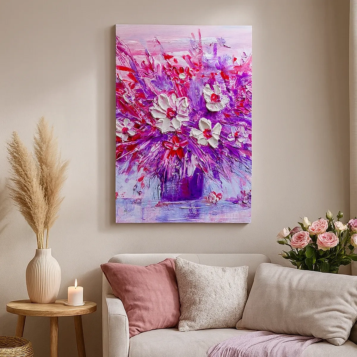 Bild auf Leinwand - Leinwandbild - Ein bunter Blumenstrauß in Rosa- und Lilatönen - 50x70cm - Unschuld und Leidenschaft - Moderne Wanddekoration für Wohnzimmer und Schlafzimmer ARTTOR