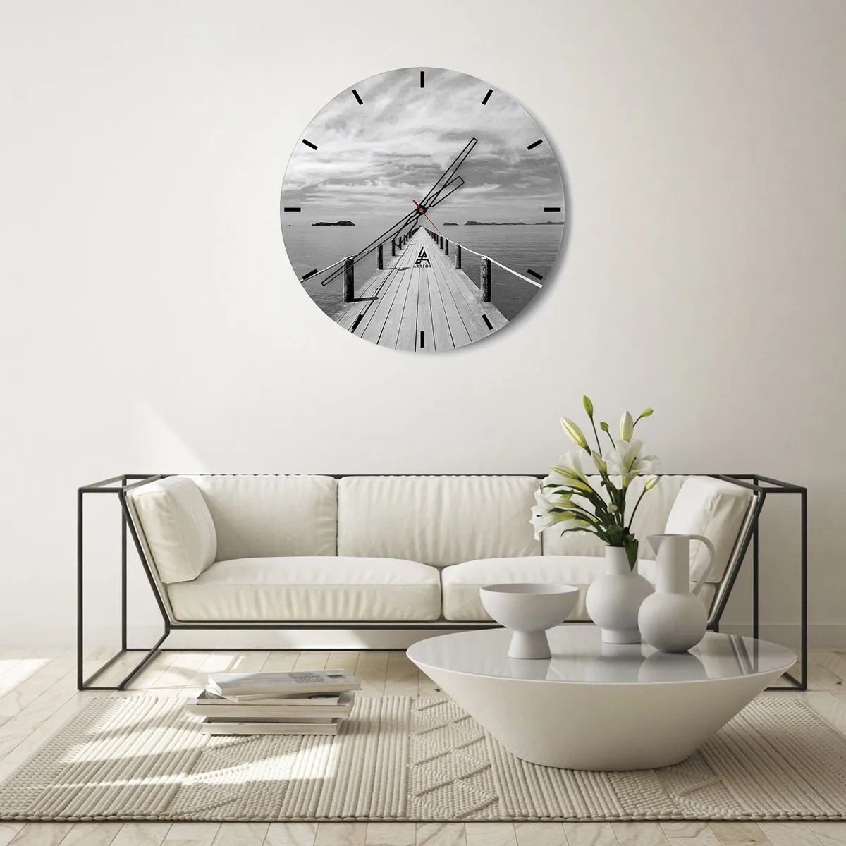 Wanduhr - Glasuhr - Ein Steg, der über die ruhige Meeresoberfläche in die Ferne führt - 30x30cm - Oder vielleicht eine Reise ... - Moderne Wanddekoration für Wohnzimmer, Küche und Schlafzimmer ARTTOR
