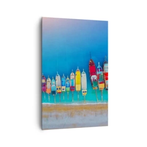 Bild auf Leinwand - Leinwandbild - Bunte Boote in einer Reihe am Ufer aufgereiht - 80x120cm - Aus der Vogelperspektive - Moderne Wanddekoration für Wohnzimmer und Schlafzimmer ARTTOR