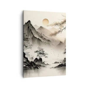 Bild auf Leinwand - Leinwandbild - Eine orientalische Landschaft mit Bergen und einer Pagode in zarten Farbtönen. - 50x70cm - Einzigartiger Charme des Orients - Moderne Wanddekoration für Wohnzimmer und Schlafzimmer ARTTOR