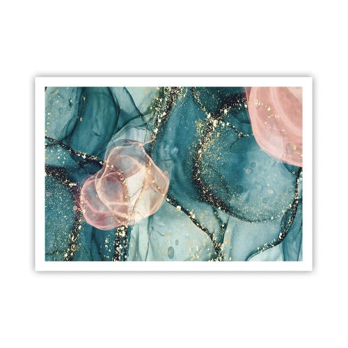 Poster - Eine abstrakte Komposition in Türkis- und Goldtönen. - 100x70cm - Seidenblau, Tüllrosa - Moderne Wanddekoration für Wohnzimmer und Schlafzimmer ARTTOR