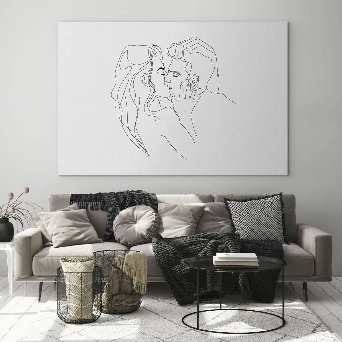 Glasbild - Bild auf glas - Eine minimalistische Zeichnung eines Paares bei einem romantischen Kuss - 70x50cm - Dieselbe Linie - Moderne Wanddekoration für Wohnzimmer und Schlafzimmer ARTTOR