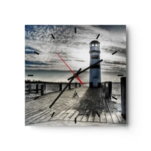 Wanduhr - Glasuhr - Leuchtturm auf einem Holzsteg mit Blick auf das Meer. - 30x30cm - Matrosen, ich warte auf euch - Moderne Wanddekoration für Wohnzimmer und Schlafzimmer ARTTOR