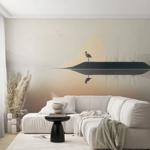 Fototapete Premium Sand - Ein Reiher steht auf einer Insel inmitten eines ruhigen Sees - 100x70cm - Herr am See - Moderne Wanddekoration für Wohnzimmer und Schlafzimmer ARTTOR