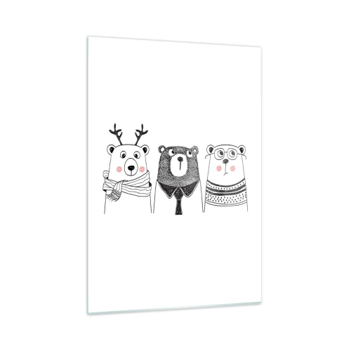 Glasbild - Bild auf glas - Drei lustige Bären in einer Schwarz-Weiß-Illustration - 50x70cm - Teddybär, Teddybär und Bär - Moderne Wanddekoration für Wohnzimmer und Schlafzimmer ARTTOR