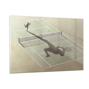 Glasbild - Bild auf glas - Die Figur eines Tennisspielers und sein Schatten auf dem Platz während eines Aufschlags - 120x80cm - Überwinde dich selbst - Moderne Wanddekoration für Wohnzimmer und Schlafzimmer ARTTOR