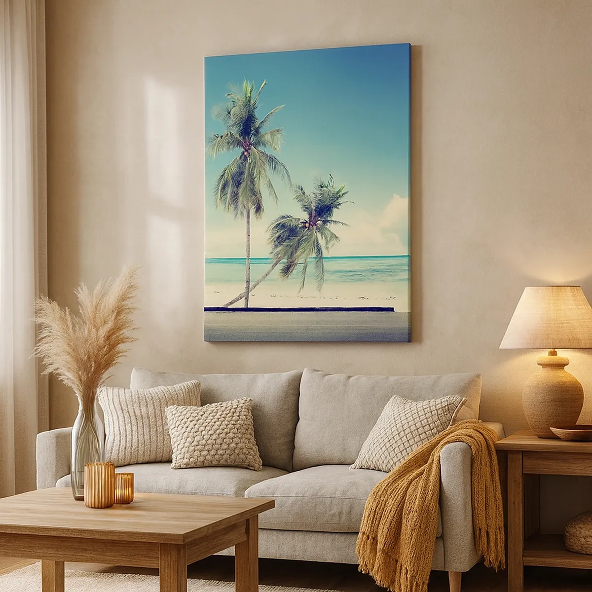 Bild auf Leinwand - Leinwandbild - Ein rosafarbener Van mit einem Surfbrett vor einem tropischen Strand. - 50x70cm - Zeit um in die Ferien zu starten - Moderne Wanddekoration für Wohnzimmer und Schlafzimmer ARTTOR