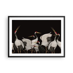 Poster in einem schwarzem Rahmen - Weiße Kraniche mit roten Akzenten auf schwarzem Hintergrund - 70x50cm - Vogelsachen - Moderne Wanddekoration für Wohnzimmer und Schlafzimmer ARTTOR