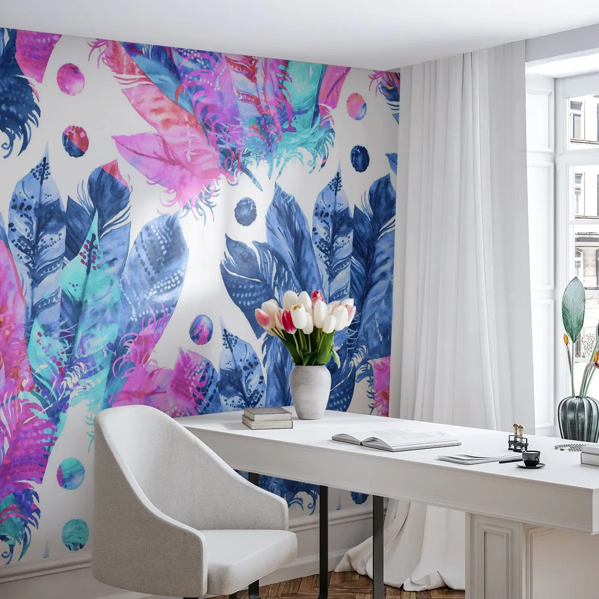 Fototapete Premium Sand - Pflaumen in Pink und Blau - Vogelfeder, Bunte Illustration, Grafik - 250x175 cm