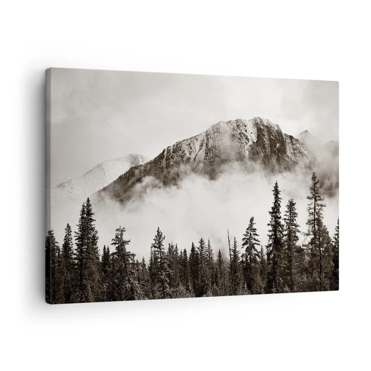 Bild auf Leinwand - Leinwandbild - Ein malerischer Berggipfel, umgeben von Nebel und einem sepiafarbenen Wald - 70x50cm - Lineal aus Granit - Moderne Wanddekoration für Wohnzimmer und Schlafzimmer ARTTOR