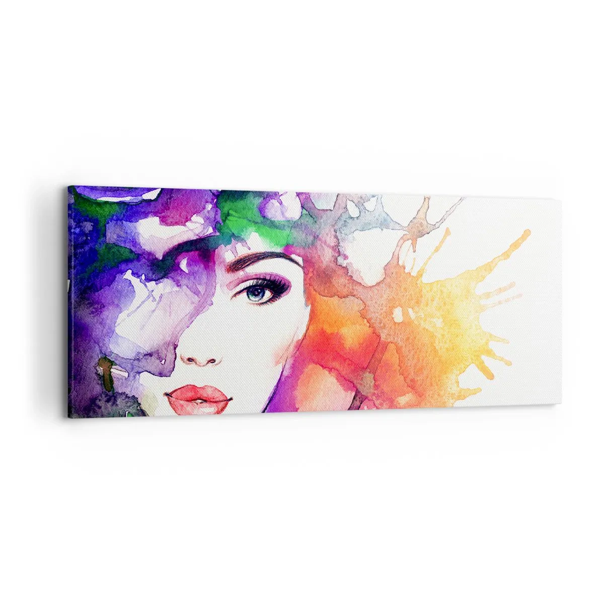 Bild auf Leinwand - Leinwandbild - Porträt einer Frau in Aquarellfarben mit abstrakten Flecken - 120x50cm - Mit dem Kopf in den Wolken - Moderne Wanddekoration für Wohnzimmer und Schlafzimmer ARTTOR