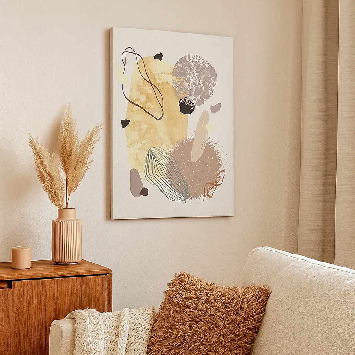 Bild auf Leinwand - Leinwandbild - Eine Komposition aus abstrakten Formen in Beige und Gelb. - 50x70cm - Angewandte Plumkologie - Moderne Wanddekoration für Wohnzimmer und Schlafzimmer ARTTOR