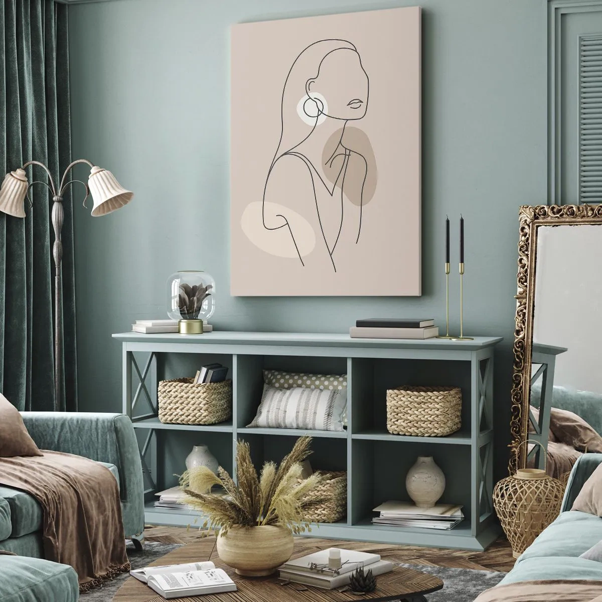 Bild auf Leinwand - Leinwandbild - Minimalistische Illustration einer Frau mit Umrissen auf beigem Hintergrund - 50x70cm - Mädchenhafte Ikone - Moderne Wanddekoration für Wohnzimmer und Schlafzimmer ARTTOR