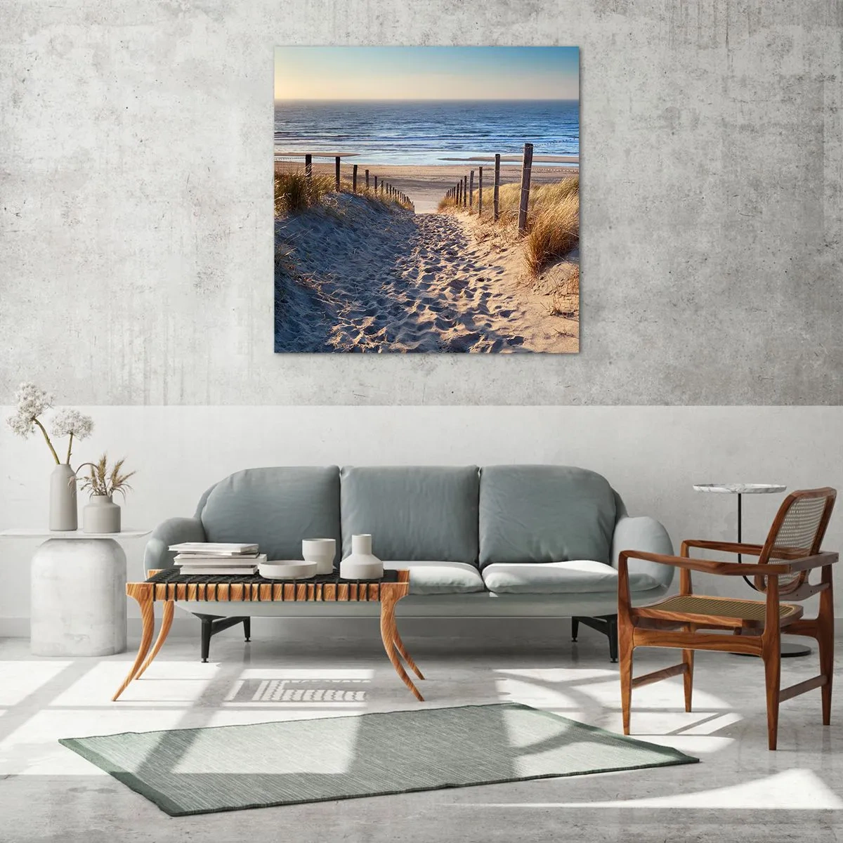 Glasbild - Bild auf glas - Das Rauschen des Meeres, der Gesang der Vögel, ein wilder Strand im Gras ... - 30x30 cm