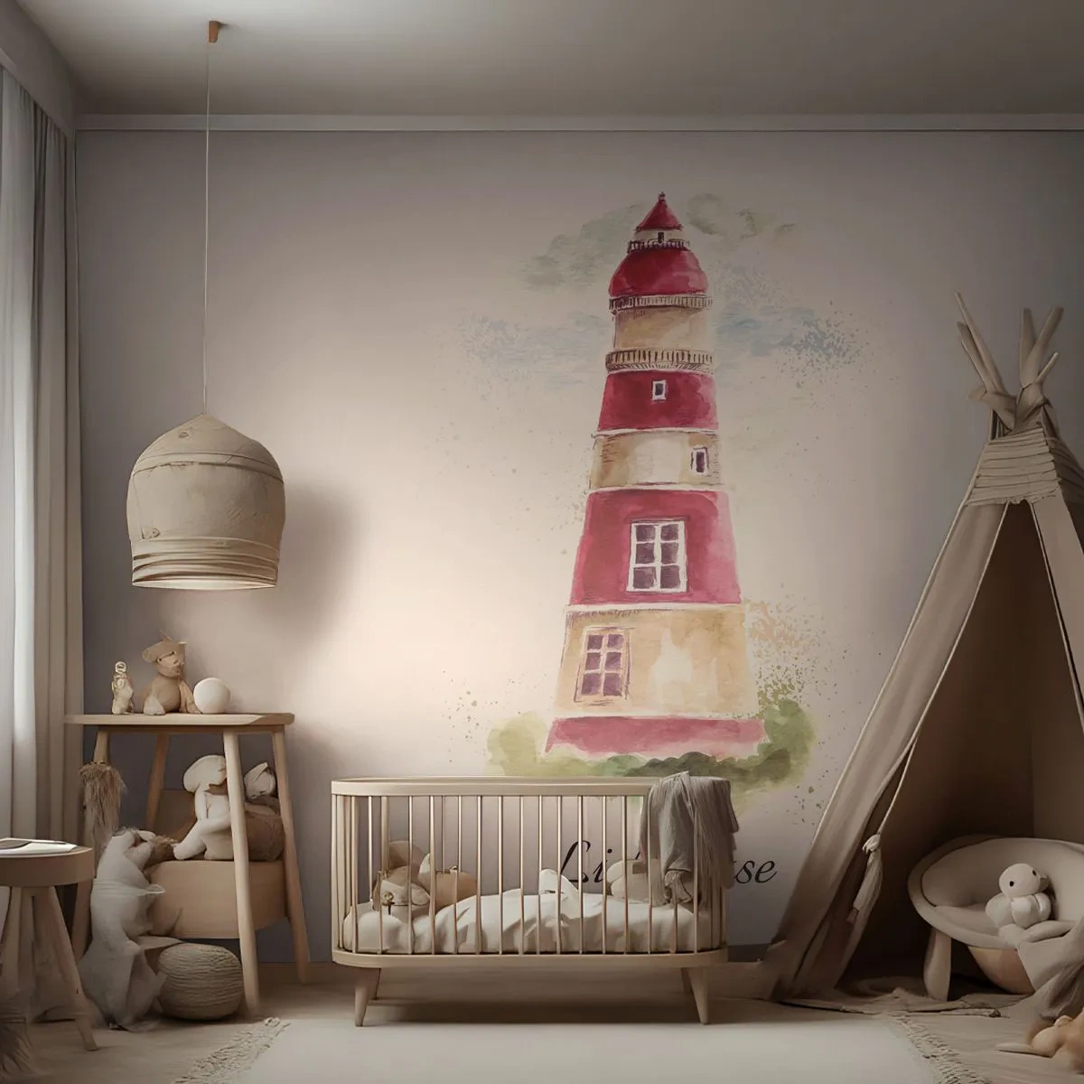 Fototapete Premium Sand - Rot-weißer Aquarell-Leuchtturm - 100x70cm - Das Wetter ringsum ist immer gut - Moderne Wanddekoration für Wohnzimmer und Schlafzimmer ARTTOR