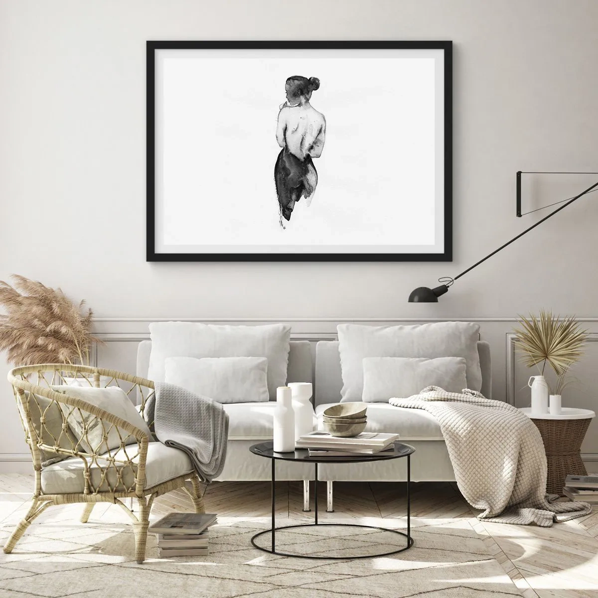 Poster in einem schwarzem Rahmen - Die Figur einer Frau, eingefangen in subtilem Aquarell - 100x70cm - Bei ihr verschwindet die Welt - Moderne Wanddekoration für Wohnzimmer und Schlafzimmer ARTTOR