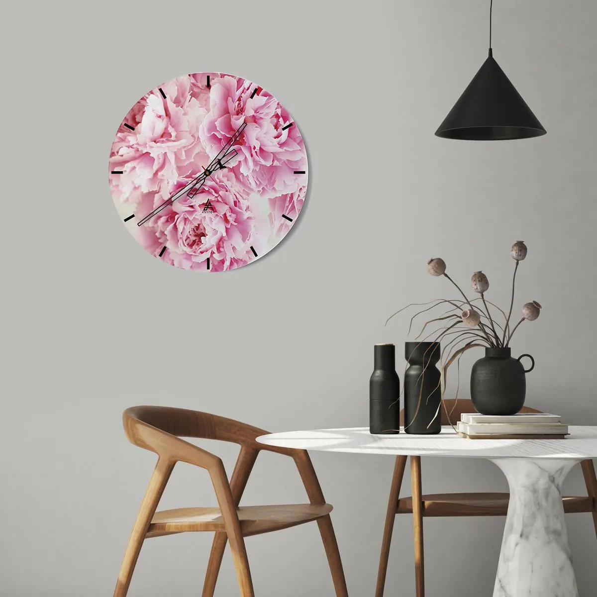 Wanduhr - Glasuhr - Rosa Pfingstrose Blumen auf weißem Hintergrund - 30x30cm - In rosa Glamour - Moderne Wanddekoration für Wohnzimmer, Küche und Schlafzimmer ARTTOR