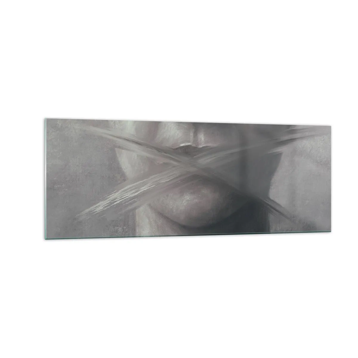 Glasbild - Bild auf glas - Ein symbolisches Porträt mit verschwommenen Lippen in Grautönen. - 140x50cm - Ohne ein Wort - Moderne Wanddekoration für Wohnzimmer und Schlafzimmer ARTTOR