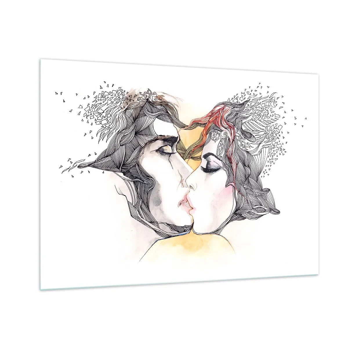 Glasbild - Bild auf glas - Abstraktes Paar küsst sich mit künstlerischen Mustern - 100x70cm - Die Welt existiert nicht - Moderne Wanddekoration für Wohnzimmer und Schlafzimmer ARTTOR